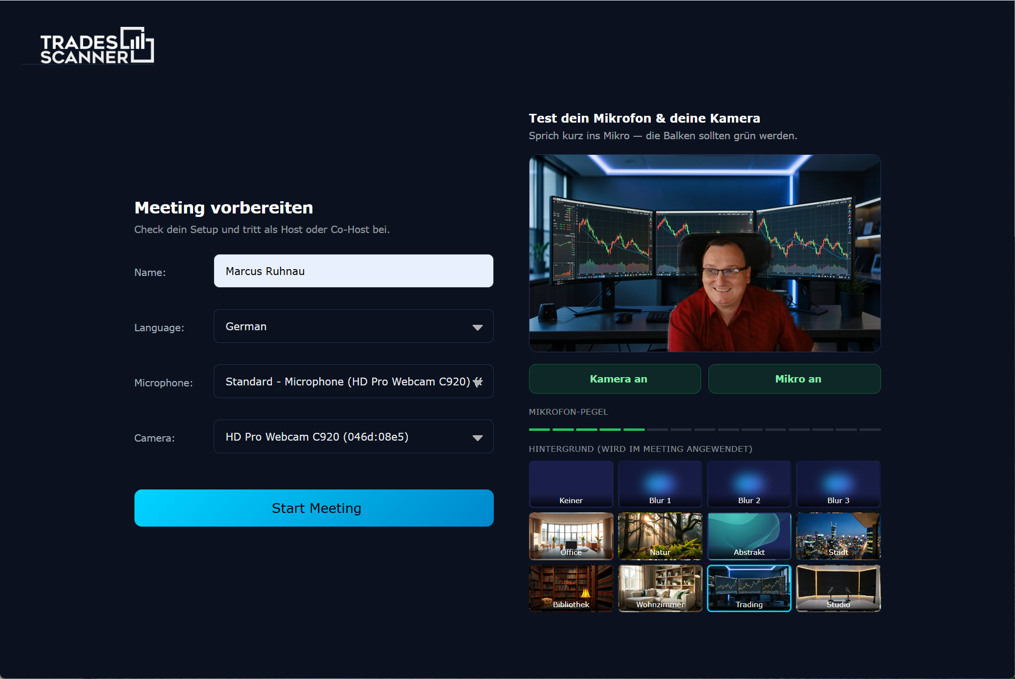 TradesScanner Meeting vorbereiten — Geräte-Check mit virtuellem Trading-Hintergrund